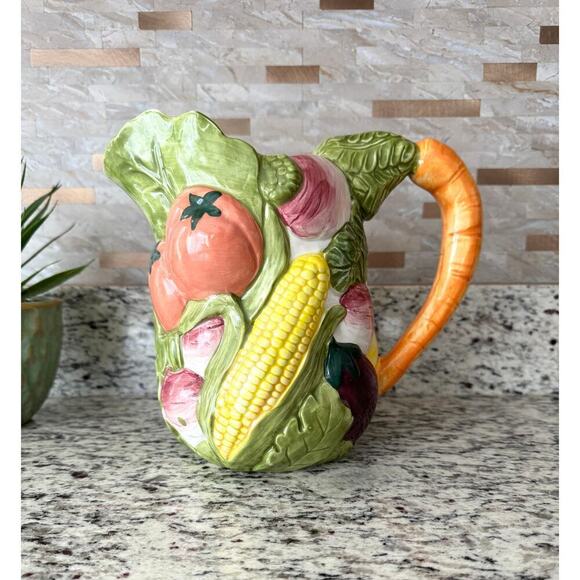Pitcher, Vintage, Majolica, Ceramic Handpainted Garden Vegetables Decor, Italian - Picture 10 of 10